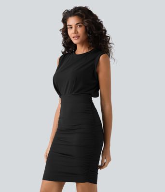SoftlyZero™ Airy Round Neck Sleeveless Ruched Cool Touch Bodycon Mini Party Dress SoftlyZero™ Airy Round Neck Sleeveless Ruched Cool Touch Bodycon Mini Party Dress