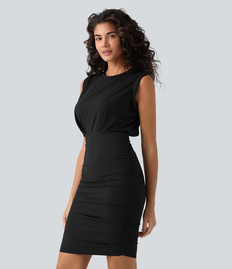 SoftlyZero™ Airy Round Neck Sleeveless Ruched Cool Touch Bodycon Mini Party Dress SoftlyZero™ Airy Round Neck Sleeveless Ruched Cool Touch Bodycon Mini Party Dress