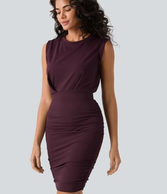 SoftlyZero™ Airy Round Neck Sleeveless Ruched Cool Touch Bodycon Mini Party Dress