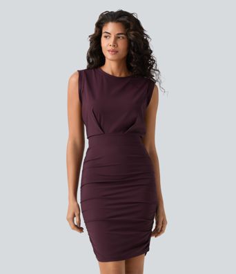 SoftlyZero™ Airy Round Neck Sleeveless Ruched Cool Touch Bodycon Mini Party Dress