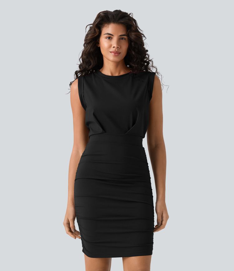 SoftlyZero™ Airy Round Neck Sleeveless Ruched Cool Touch Bodycon Mini Party Dress SoftlyZero™ Airy Round Neck Sleeveless Ruched Cool Touch Bodycon Mini Party Dress