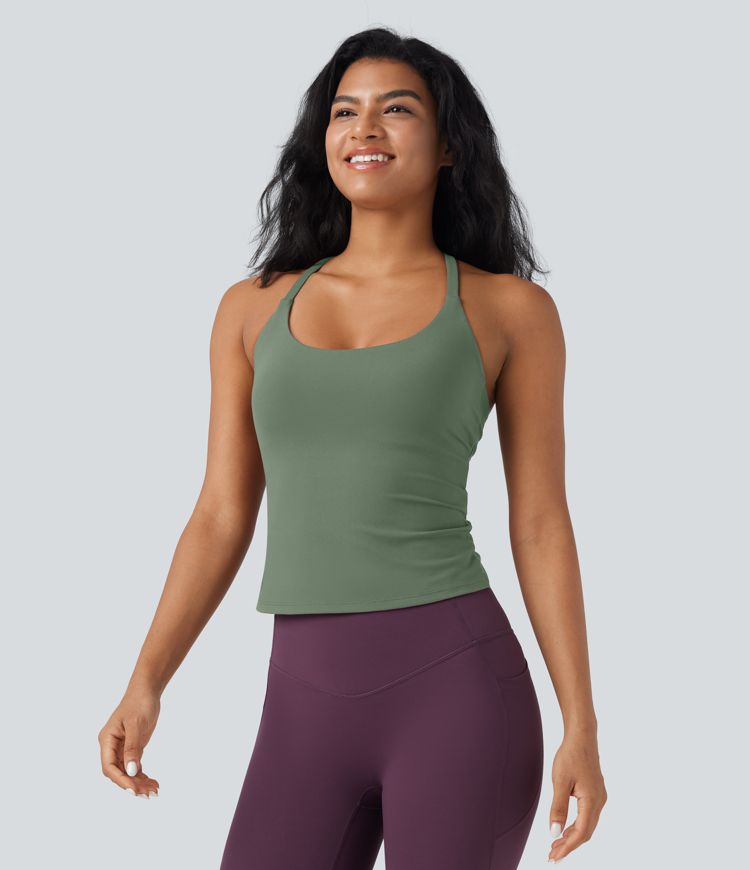 Scoop Neck Crisscross Back Crossover Hem Yoga Cami Top