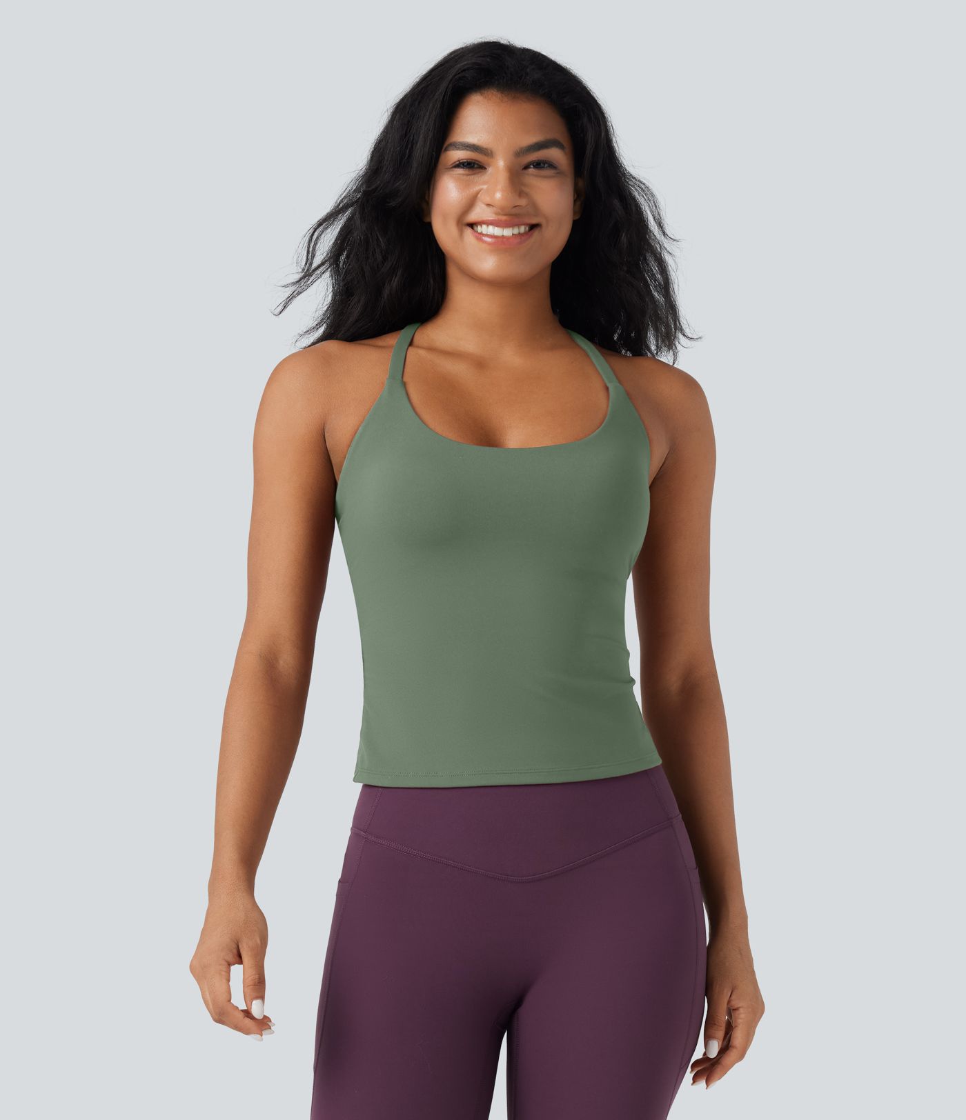 Scoop Neck Crisscross Back Crossover Hem Yoga Cami Top