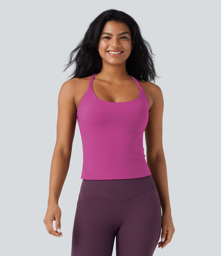 Scoop Neck Crisscross Back Crossover Hem Yoga Cami Top