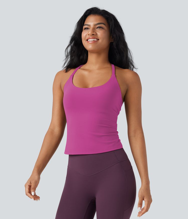 Scoop Neck Crisscross Back Crossover Hem Yoga Cami Top