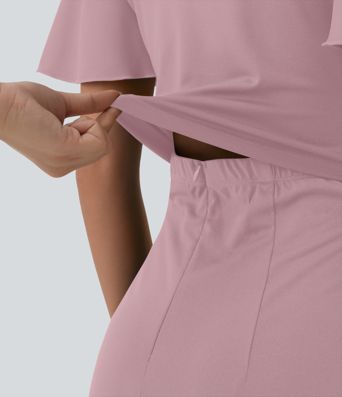 Round Neck Short Sleeve Tie Front Wide Leg Jumpsuit with Pockets-Easy Peezy Edition