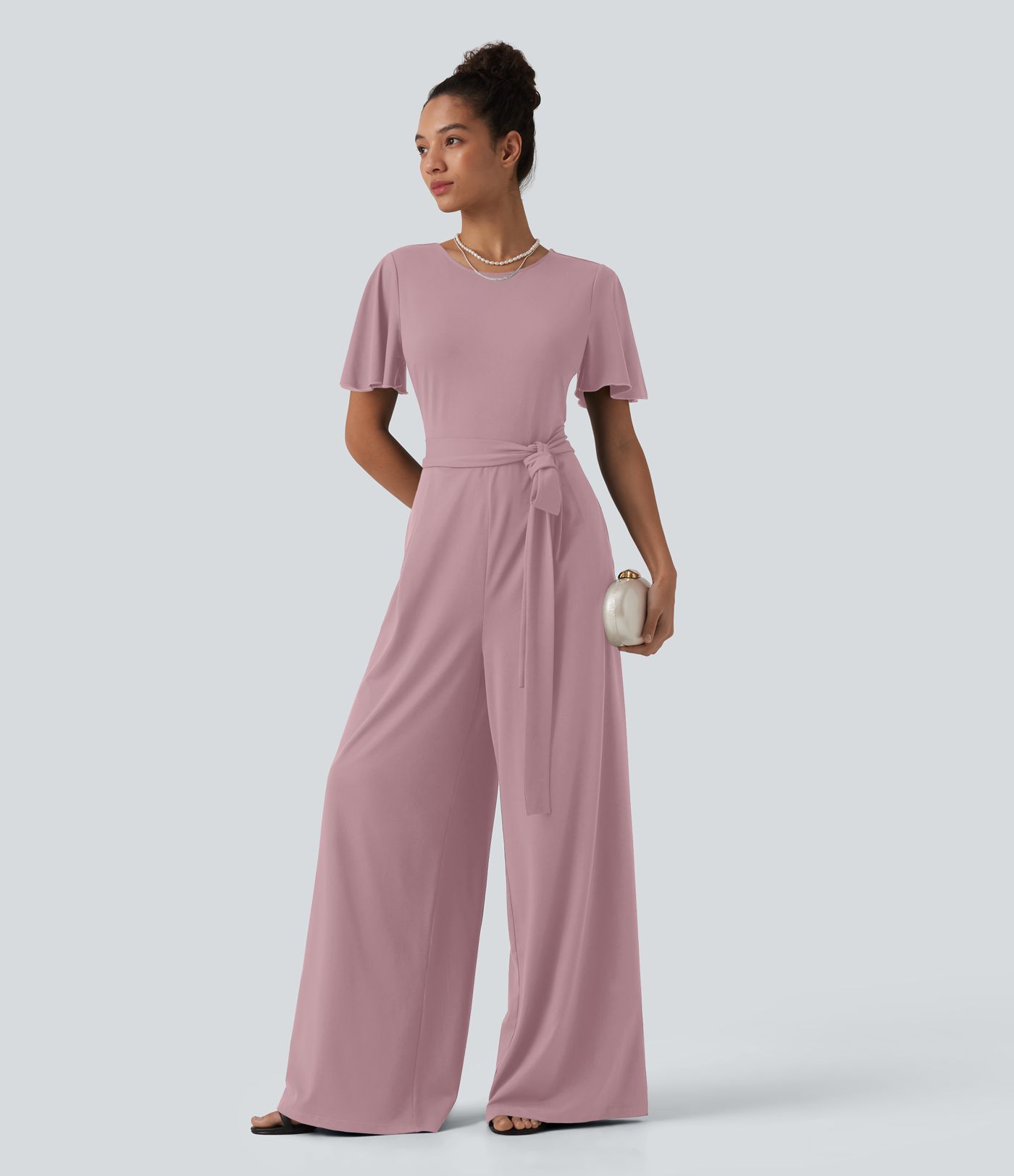 Round Neck Short Sleeve Tie Front Wide Leg Jumpsuit with Pockets-Easy Peezy Edition