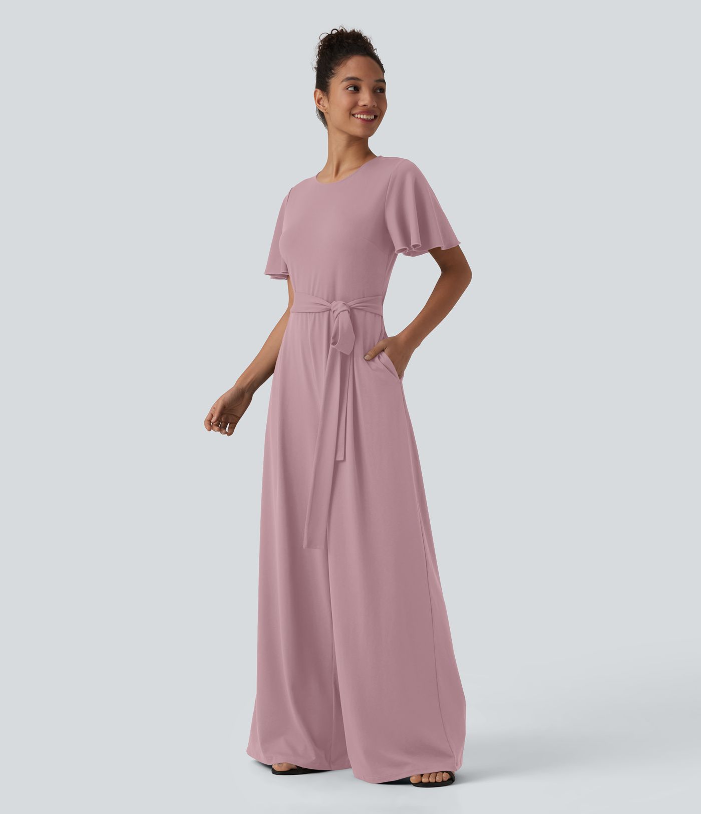 Round Neck Short Sleeve Tie Front Wide Leg Jumpsuit with Pockets-Easy Peezy Edition