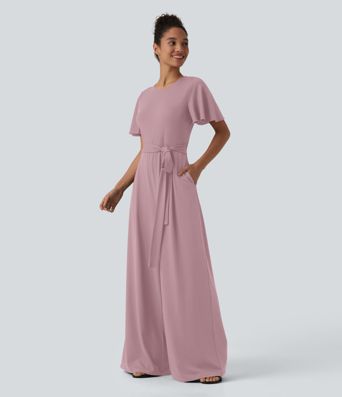 Round Neck Short Sleeve Tie Front Wide Leg Jumpsuit with Pockets-Easy Peezy Edition