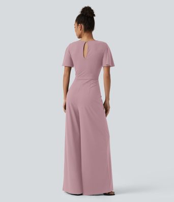 Round Neck Short Sleeve Tie Front Wide Leg Jumpsuit with Pockets-Easy Peezy Edition