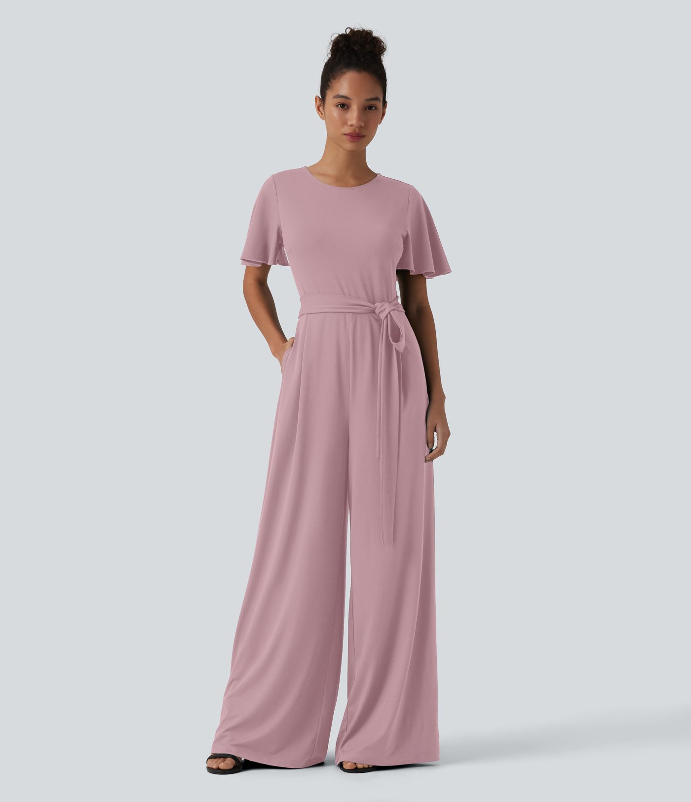 Round Neck Short Sleeve Tie Front Wide Leg Jumpsuit with Pockets-Easy Peezy Edition