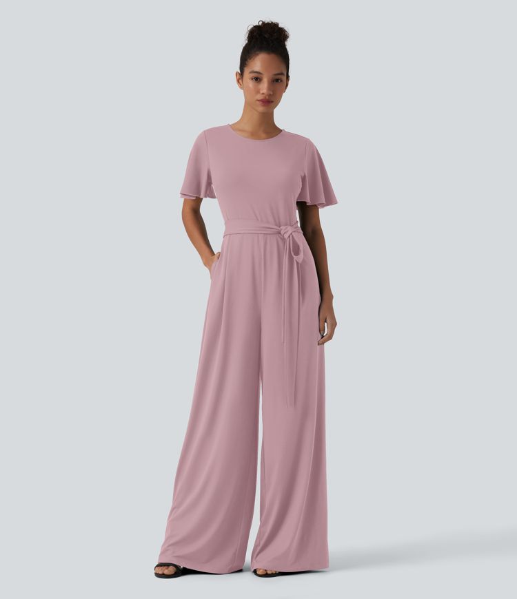 Round Neck Short Sleeve Tie Front Wide Leg Jumpsuit with Pockets-Easy Peezy Edition