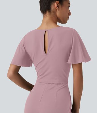 Round Neck Short Sleeve Tie Front Wide Leg Jumpsuit with Pockets-Easy Peezy Edition