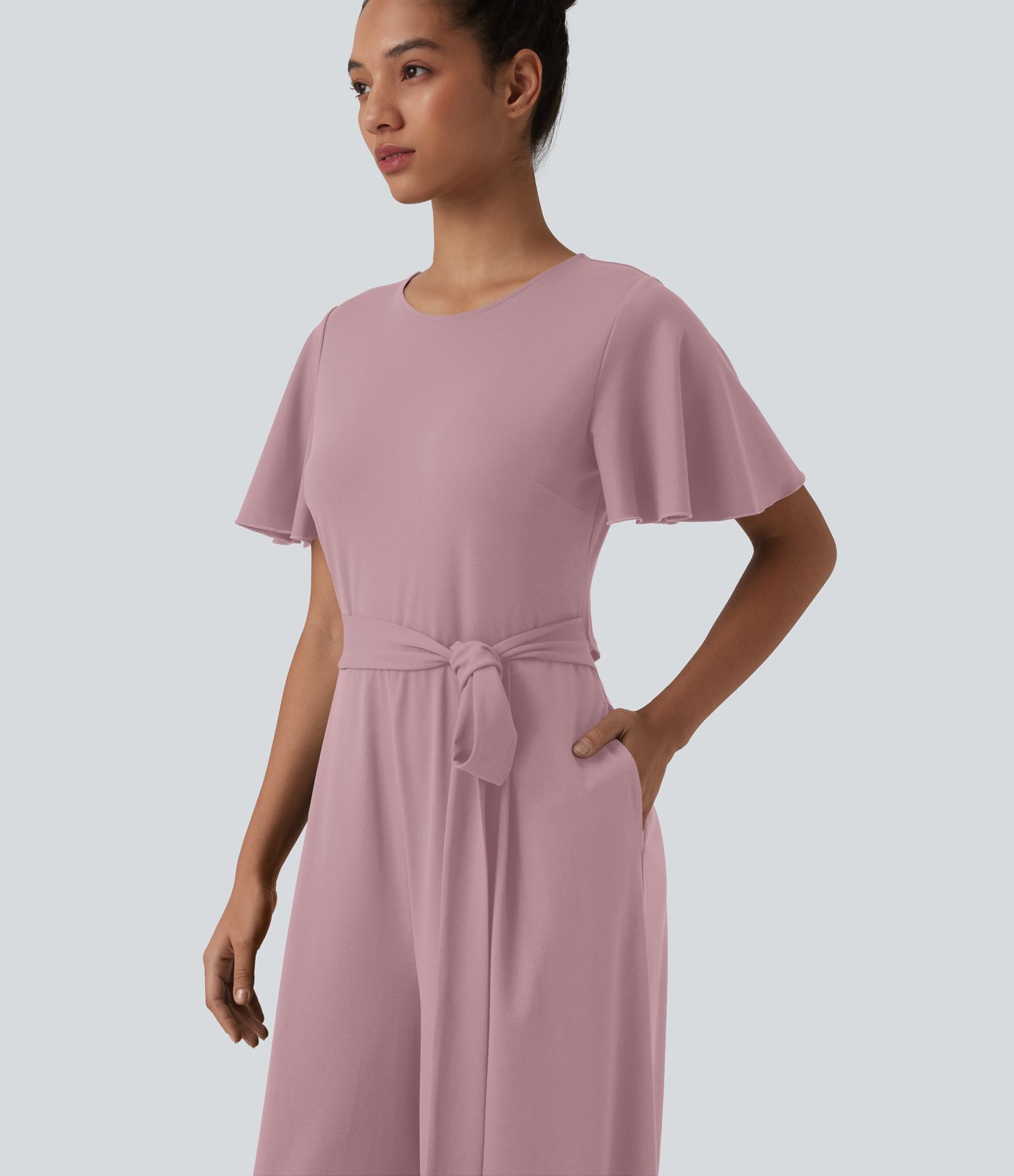 Round Neck Short Sleeve Tie Front Wide Leg Jumpsuit with Pockets-Easy Peezy Edition