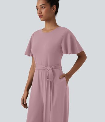 Round Neck Short Sleeve Tie Front Wide Leg Jumpsuit with Pockets-Easy Peezy Edition