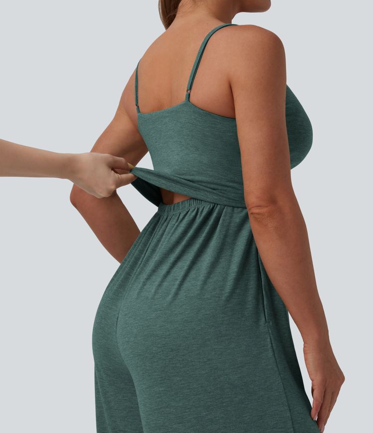 Adjustable Straps Ruched Wide Leg Heathered Casual Jumpsuit with Pockets-Easy Peezy Adjustable Straps Ruched Wide Leg Heathered Casual Jumpsuit with Pockets-Easy Peezy