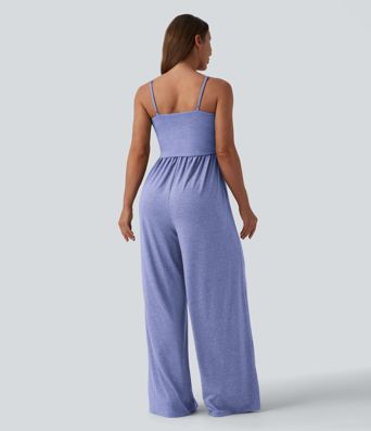 Adjustable Straps Ruched Wide Leg Heathered Casual Jumpsuit with Pockets-Easy Peezy