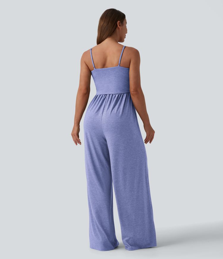 Adjustable Straps Ruched Wide Leg Heathered Casual Jumpsuit with Pockets-Easy Peezy