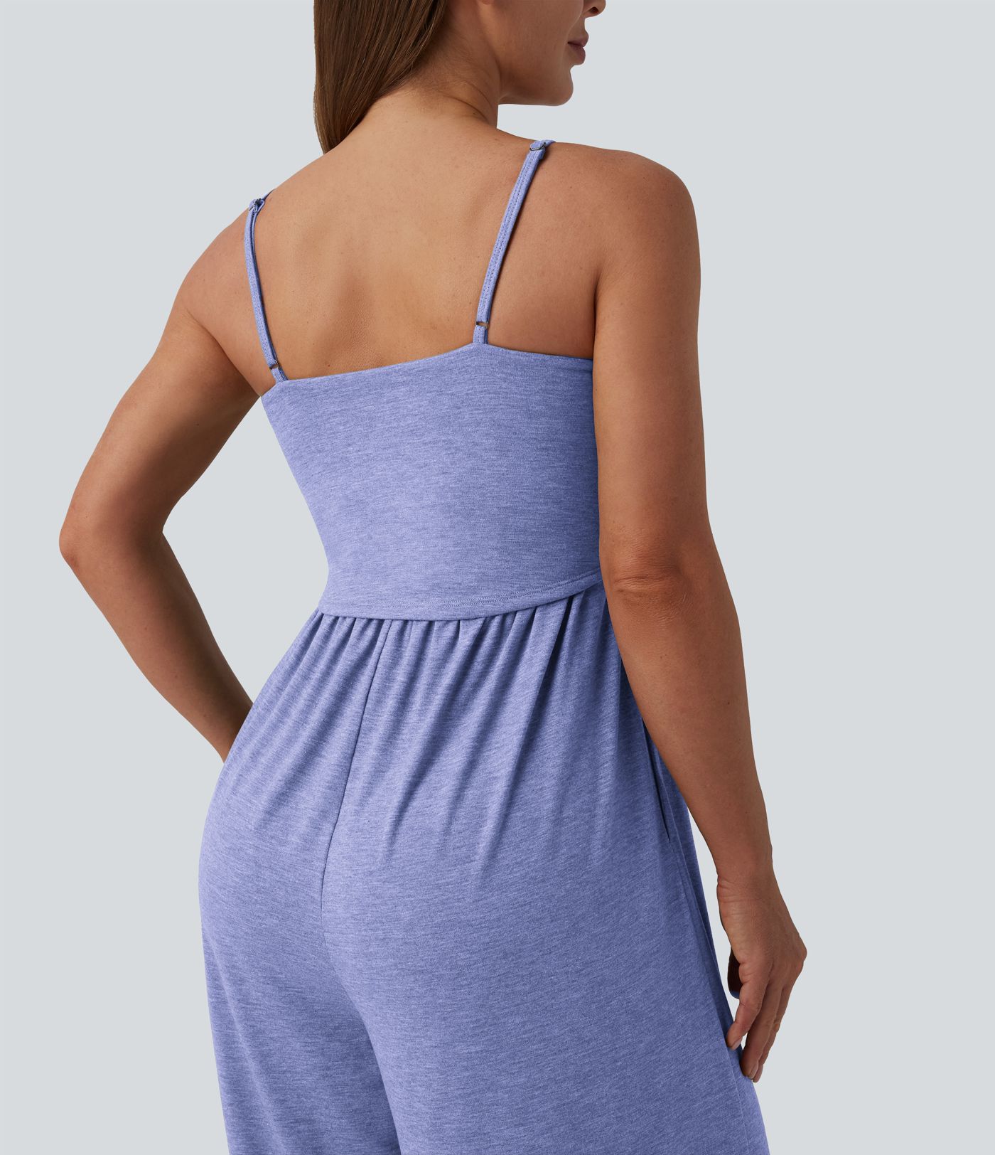 Adjustable Straps Ruched Wide Leg Heathered Casual Jumpsuit with Pockets-Easy Peezy