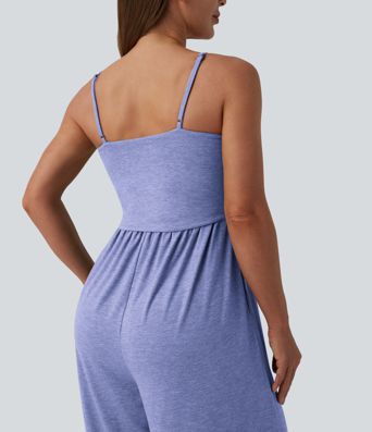 Adjustable Straps Ruched Wide Leg Heathered Casual Jumpsuit with Pockets-Easy Peezy