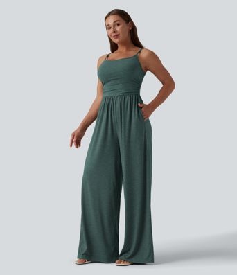 Adjustable Straps Ruched Wide Leg Heathered Casual Jumpsuit with Pockets-Easy Peezy Adjustable Straps Ruched Wide Leg Heathered Casual Jumpsuit with Pockets-Easy Peezy
