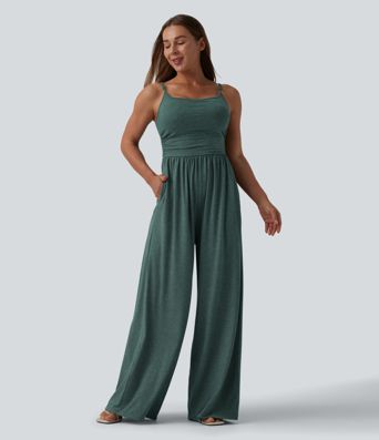 Adjustable Straps Ruched Wide Leg Heathered Casual Jumpsuit with Pockets-Easy Peezy Adjustable Straps Ruched Wide Leg Heathered Casual Jumpsuit with Pockets-Easy Peezy