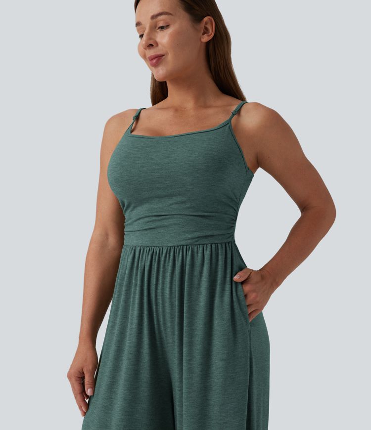 Adjustable Straps Ruched Wide Leg Heathered Casual Jumpsuit with Pockets-Easy Peezy Adjustable Straps Ruched Wide Leg Heathered Casual Jumpsuit with Pockets-Easy Peezy