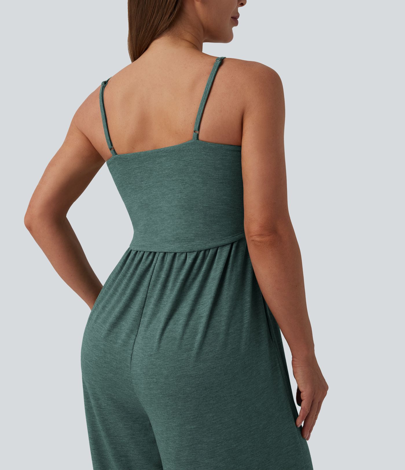 Adjustable Straps Ruched Wide Leg Heathered Casual Jumpsuit with Pockets-Easy Peezy Adjustable Straps Ruched Wide Leg Heathered Casual Jumpsuit with Pockets-Easy Peezy