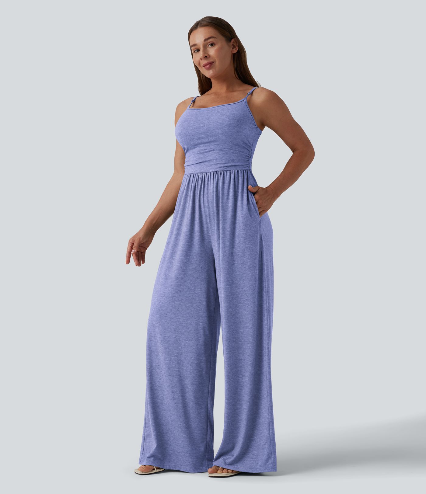 Adjustable Straps Ruched Wide Leg Heathered Casual Jumpsuit with Pockets-Easy Peezy