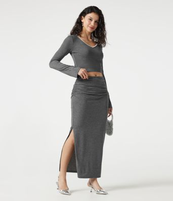 Mid Rise Ruched Bodycon Maxi Skirt