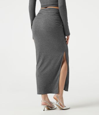 Mid Rise Ruched Bodycon Maxi Skirt