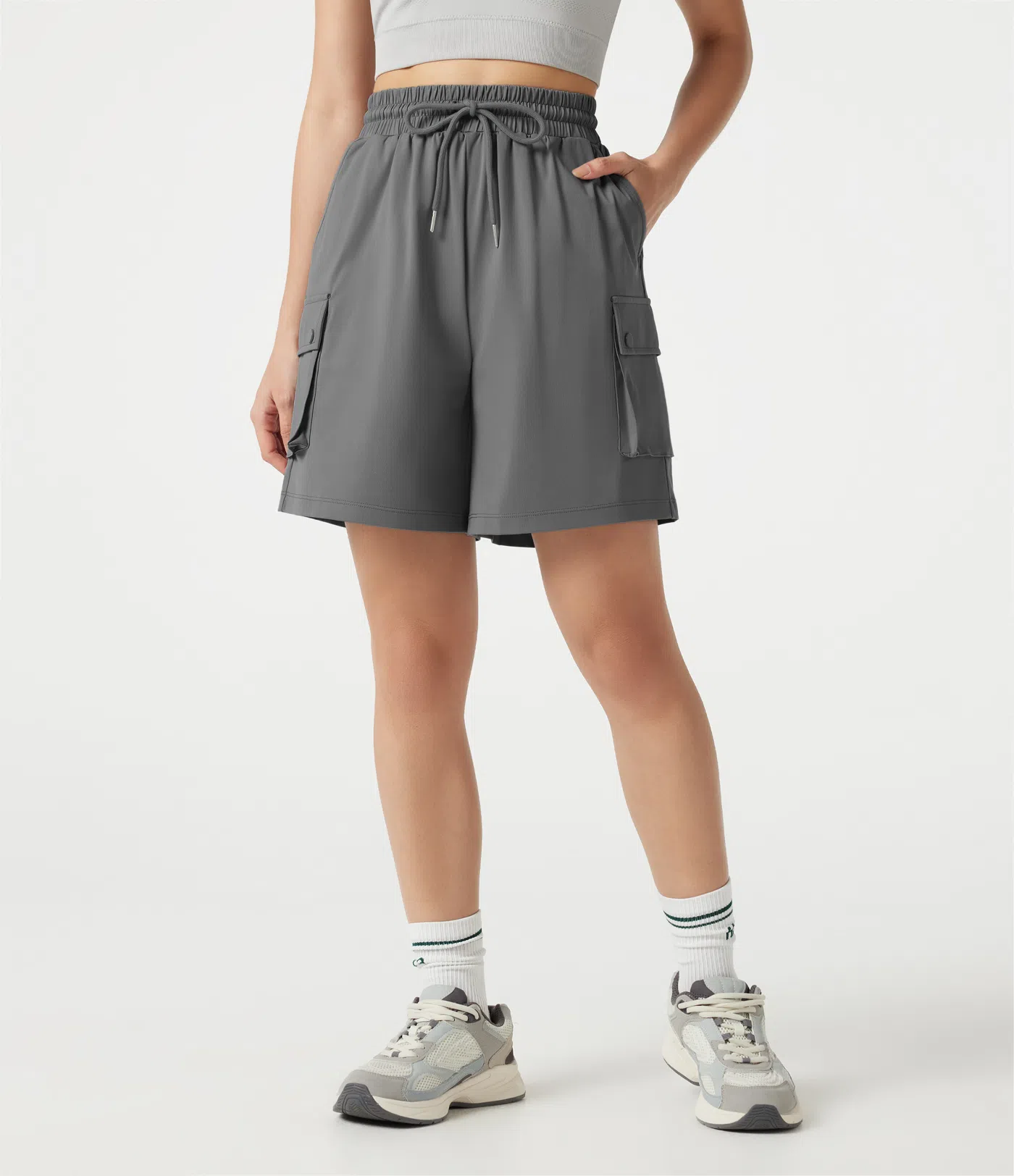 High-waisted Drawstring Workout Cargo Bermuda Shorts with Pockets