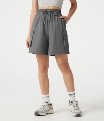 High-waisted Drawstring Workout Cargo Bermuda Shorts with Pockets