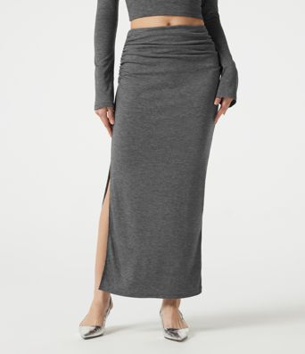 Mid Rise Ruched Bodycon Maxi Skirt