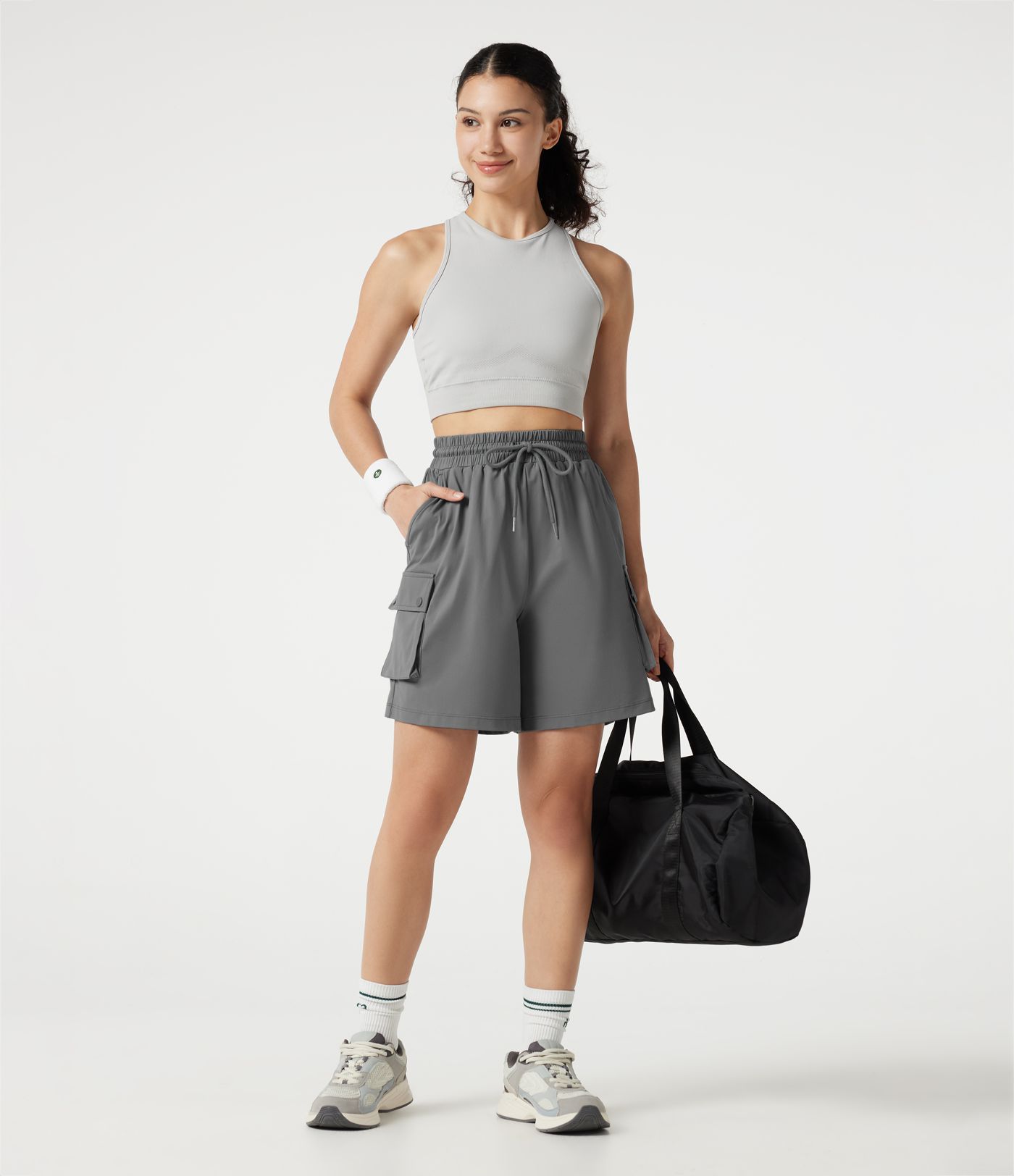High-waisted Drawstring Workout Cargo Bermuda Shorts with Pockets