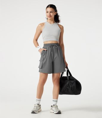 High-waisted Drawstring Workout Cargo Bermuda Shorts with Pockets