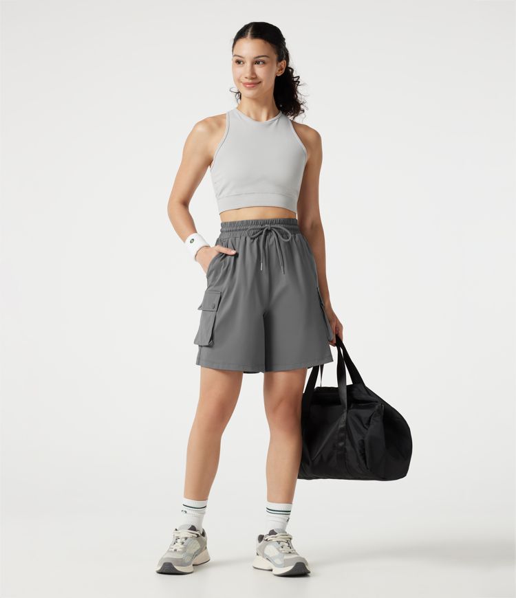 High-waisted Drawstring Workout Cargo Bermuda Shorts with Pockets