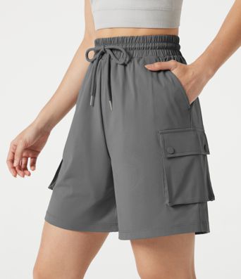 High-waisted Drawstring Workout Cargo Bermuda Shorts with Pockets