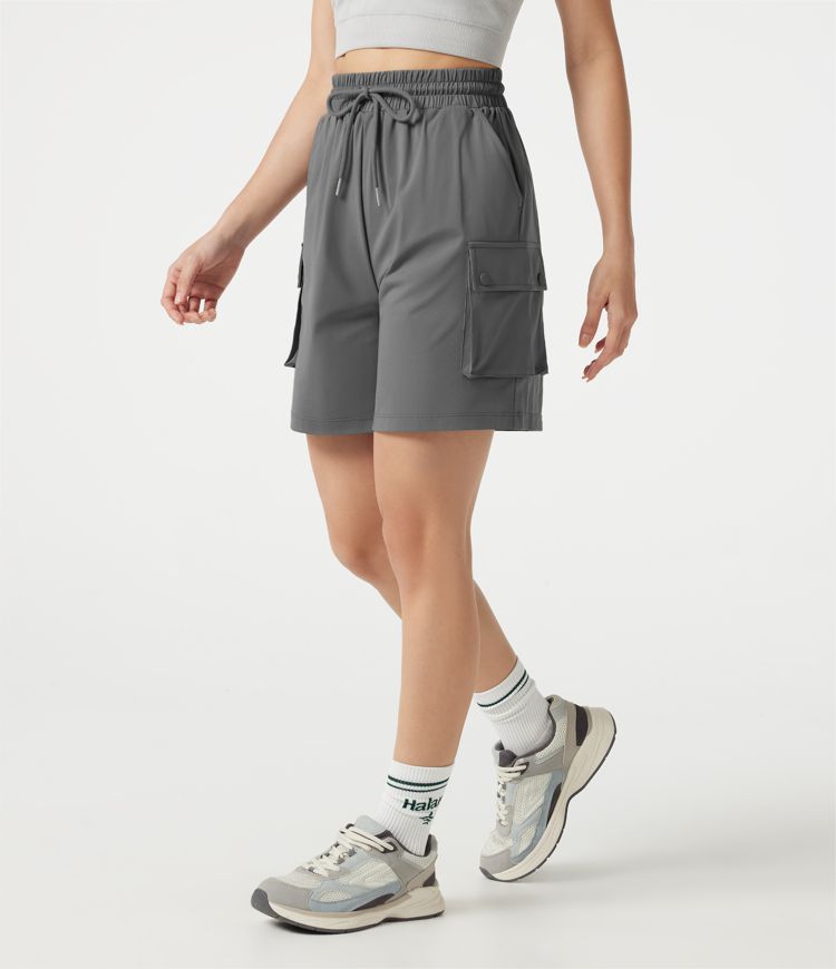 High-waisted Drawstring Workout Cargo Bermuda Shorts with Pockets