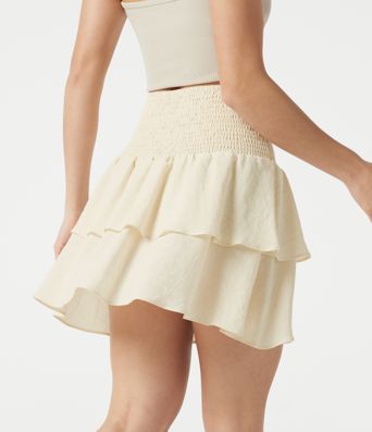 High Waisted Shirred Layered Mini Casual Linen-Feel Skirt