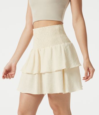 High Waisted Shirred Layered Mini Casual Linen-Feel Skirt