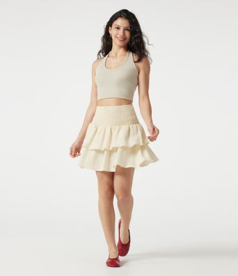 High Waisted Shirred Layered Mini Casual Linen-Feel Skirt