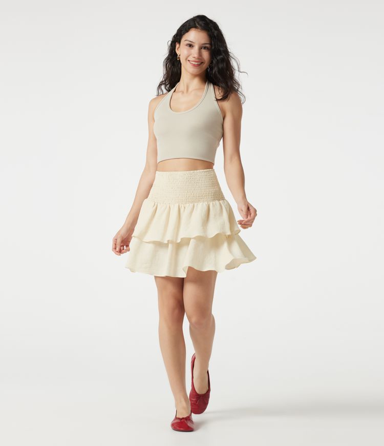 High Waisted Shirred Layered Mini Casual Linen-Feel Skirt