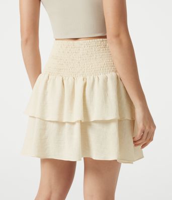 High Waisted Shirred Layered Mini Casual Linen-Feel Skirt