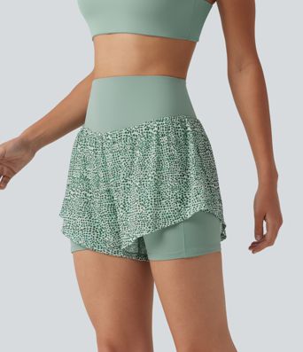 Short baggy de running 2-en-1 taille haute à imprimé léopard avec poches