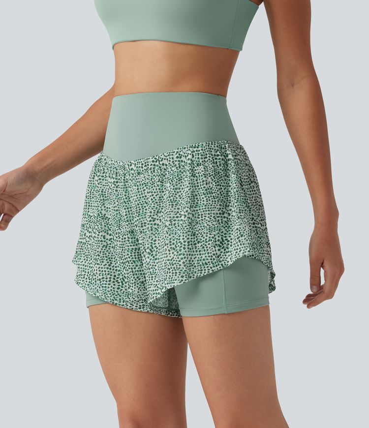 Short baggy de running 2-en-1 taille haute à imprimé léopard avec poches