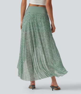 High Waisted High Low Ruffle 2-in-1 Leopard Print Mesh Maxi Skirt