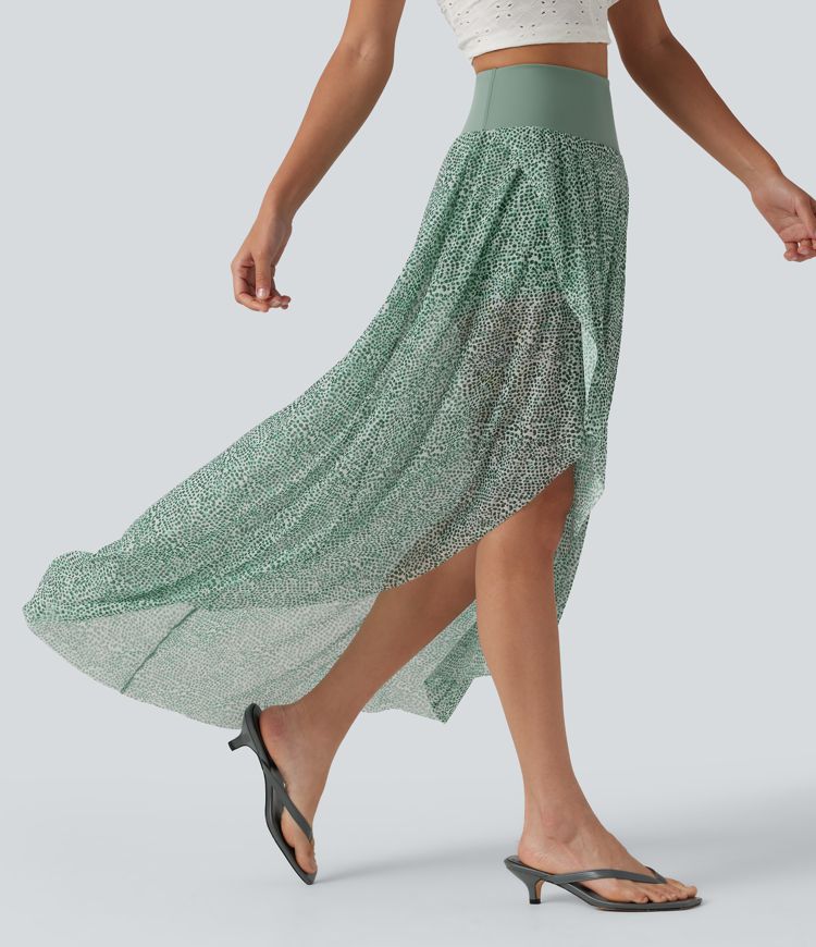 High Waisted High Low Ruffle 2-in-1 Leopard Print Mesh Maxi Skirt