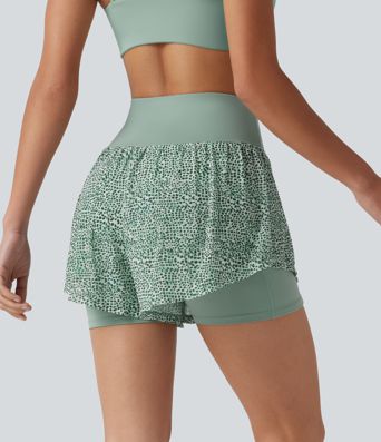 Short baggy de running 2-en-1 taille haute à imprimé léopard avec poches