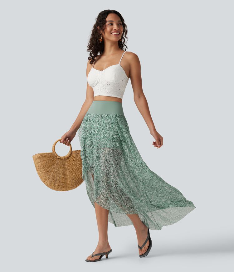 High Waisted High Low Ruffle 2-in-1 Leopard Print Mesh Maxi Skirt